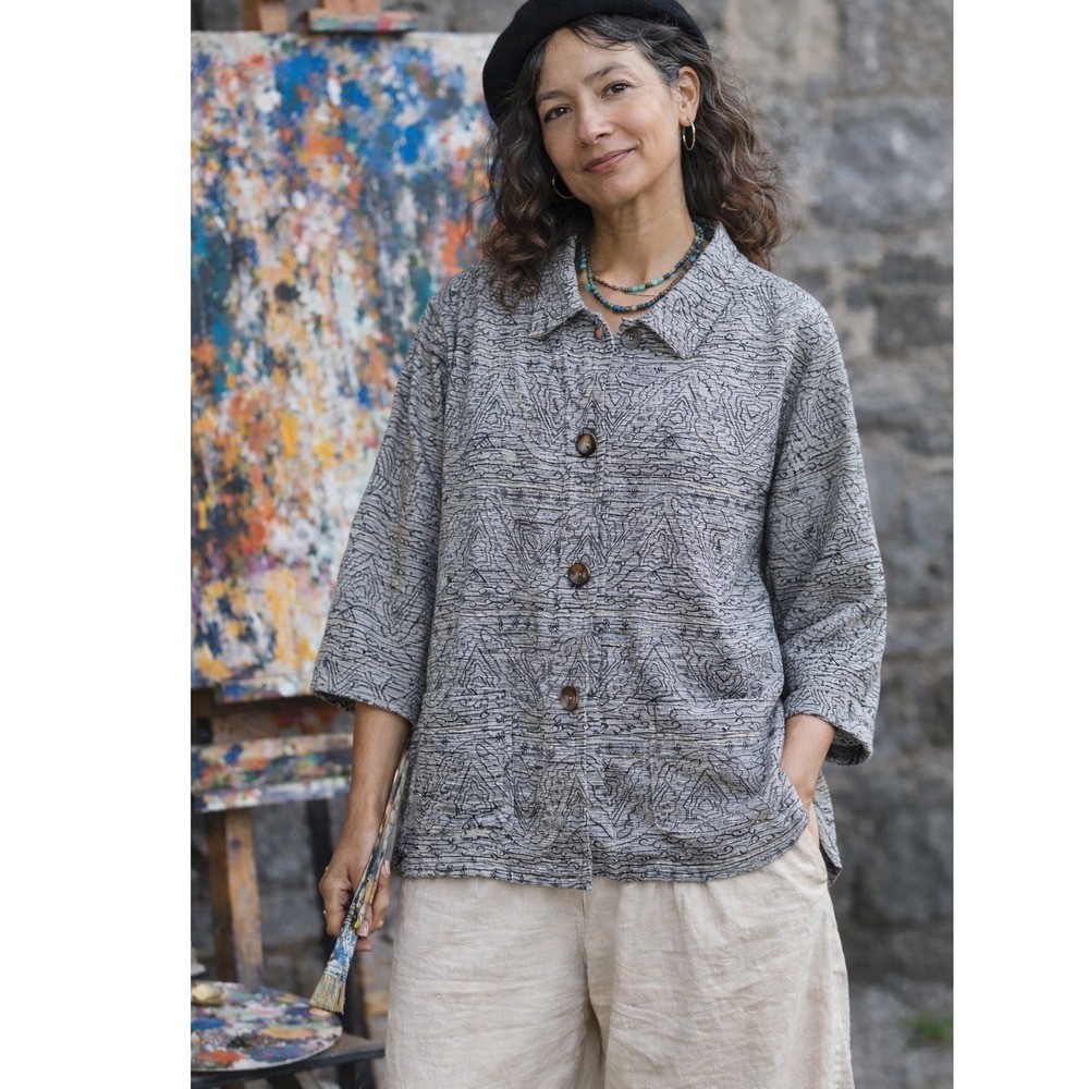 VTG Chicos Women Silk Jacket Top L Black‎ Embroidered Artsy Button Front Evening